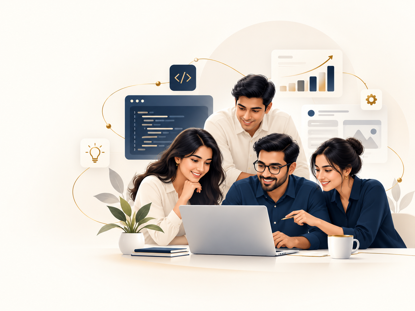 Illustration of a software team collaborating around a laptop