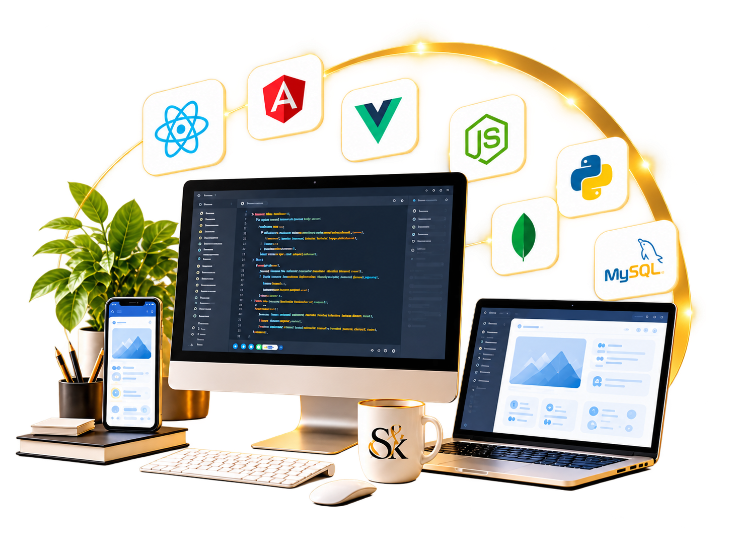 Software development workspace with desktop, laptop, and mobile app